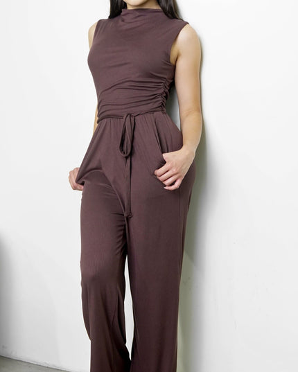 Brown Ribbed Mock Neck Jumpsuit