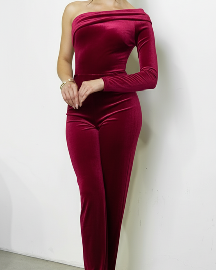 Burgundy One Shoulder Velvet Jumpsuit