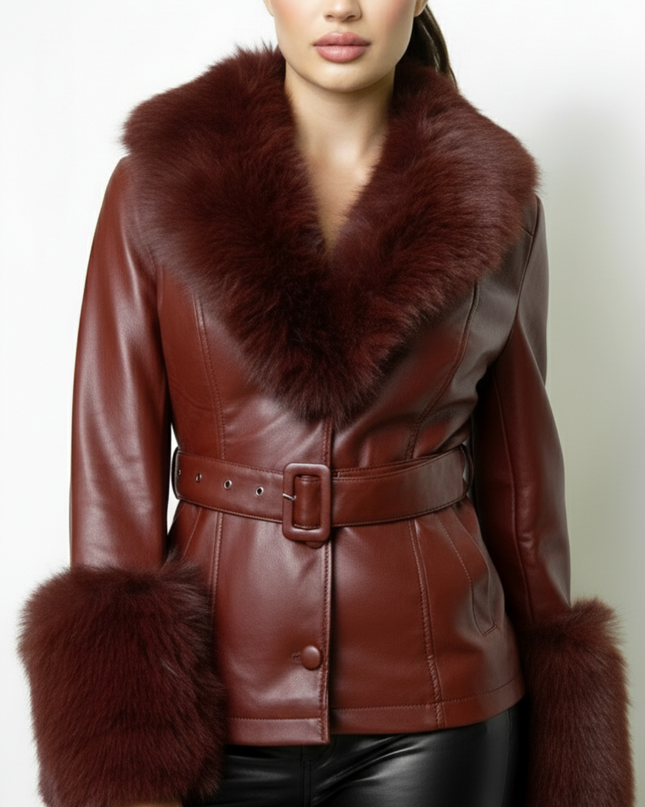 Brown Faux Fur Leather Jacket