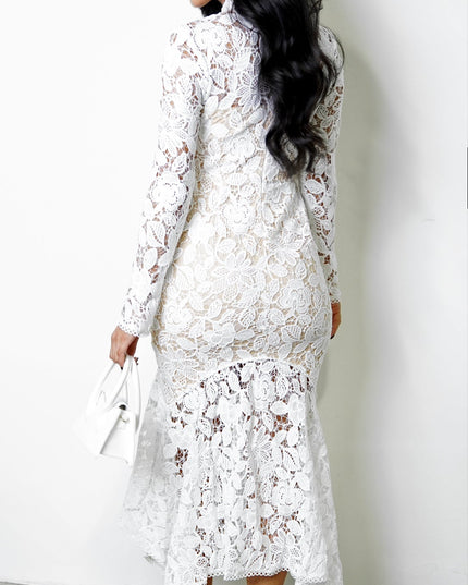 White Mock Neck Lace Midi Dress