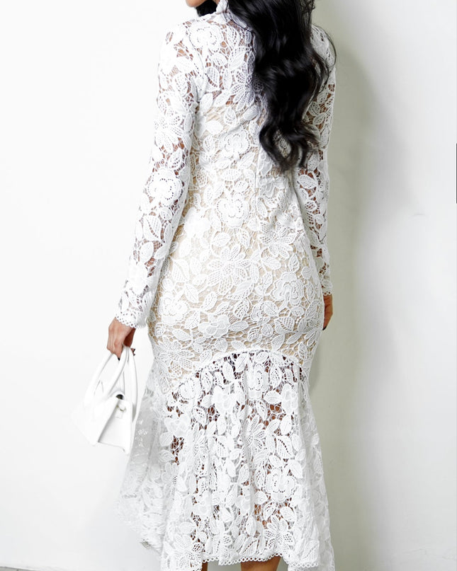 White Mock Neck Lace Midi Dress