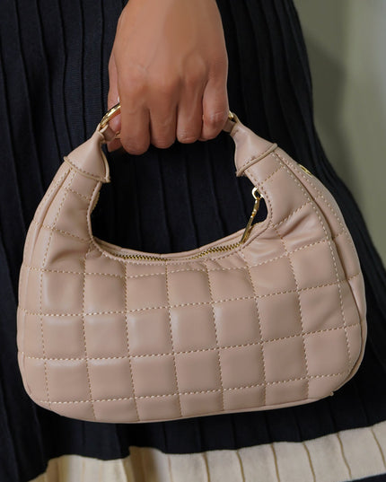 Nude Quilted Faux Leather Hobo Bag