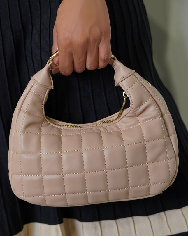 Nude Quilted Faux Leather Hobo Bag