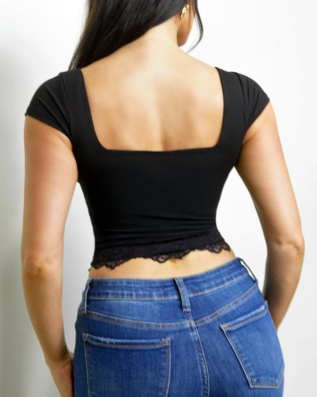 Black Lace Trim Cap Sleeve Top