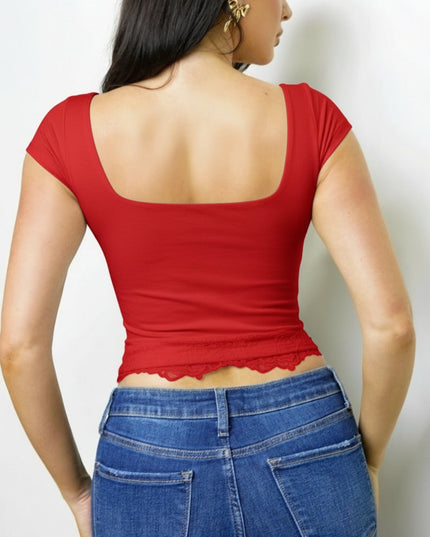 Red Lace Trim Cap Sleeve Top