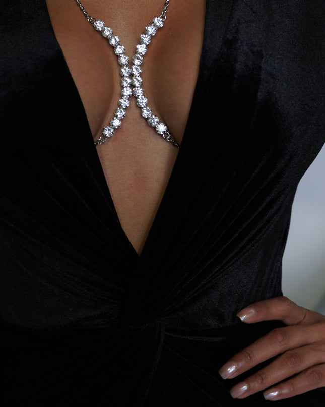 Silver Crystal Glam Rhinestone Bra Chain