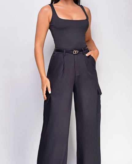 Black Wide Leg Cargo Pocket Pants