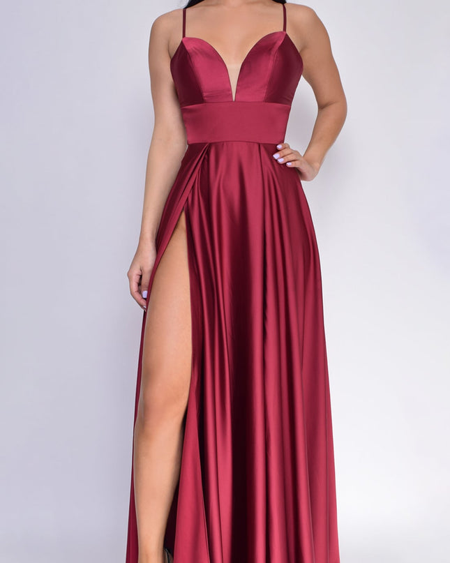 Burgundy Red Double Slit Satin Gown