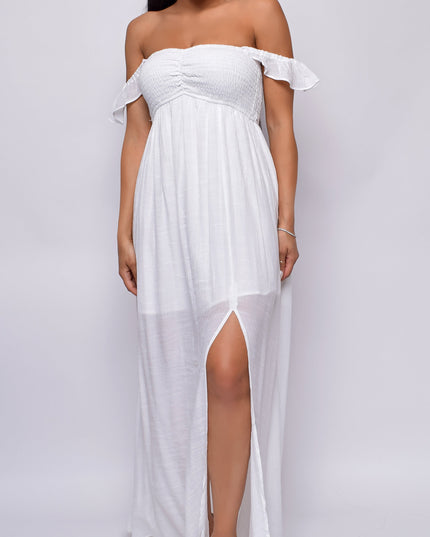 White Off Shoulder Boho Smocked Maxi Dress