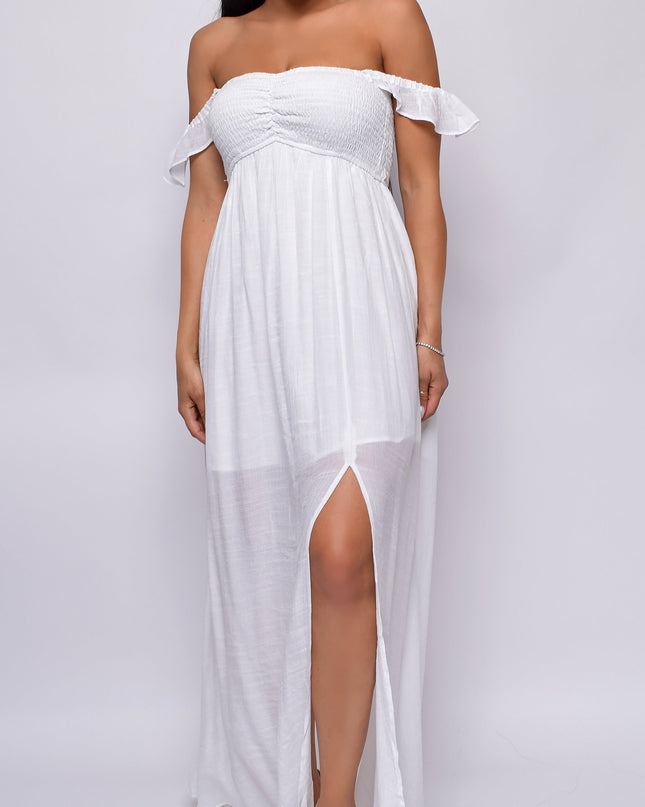 White Off Shoulder Boho Smocked Maxi Dress