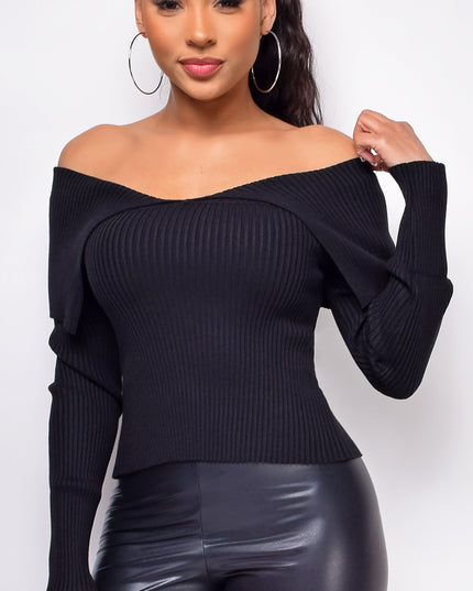Black Off Shoulder Knit Sweater Top