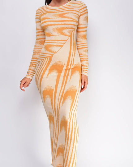 Beige Abstract Print Long Sleeve Maxi Dress
