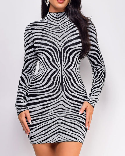 Silver Black Animal Print High Neck Lurex Mini Dress