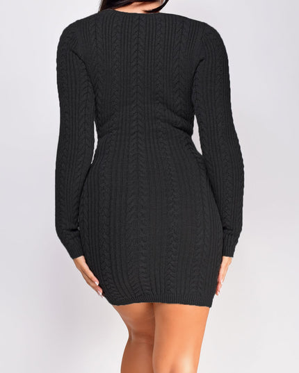 Black Knit Cable V Neck Sweater Mini Dress