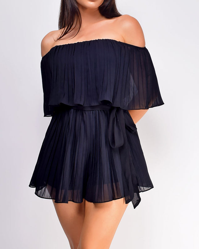 Black Off Shoulder Pleated Romper