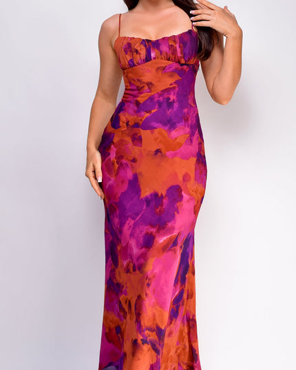 Purple Multicolor Chiffon Print Maxi Dress