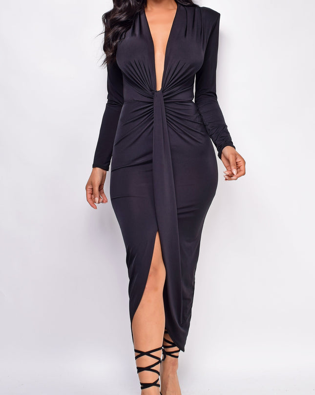 Black Deep Plunge Front Knot Dress