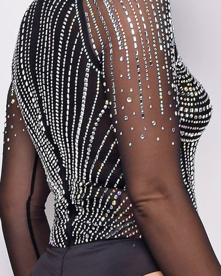 Black Mesh Rhinestone Bodysuit