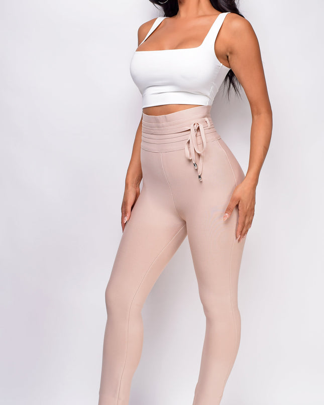 Beige High Waist Belted Bandage Pants