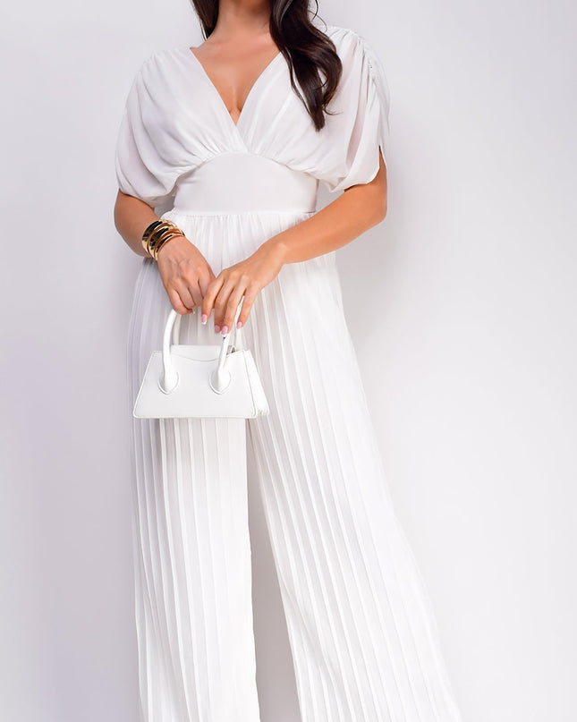 White V Neck Pleated Jumpsuit