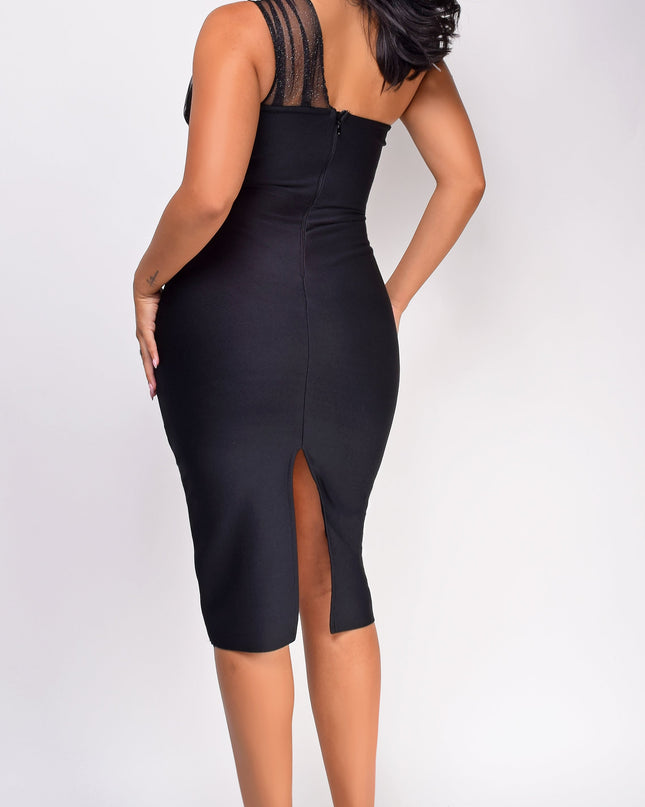 Black Mesh Detail Bandage Midi Dress