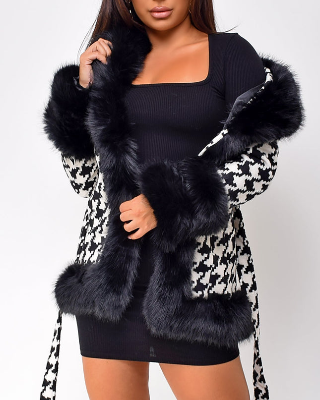 Black Houndstooth Faux Fur Coat