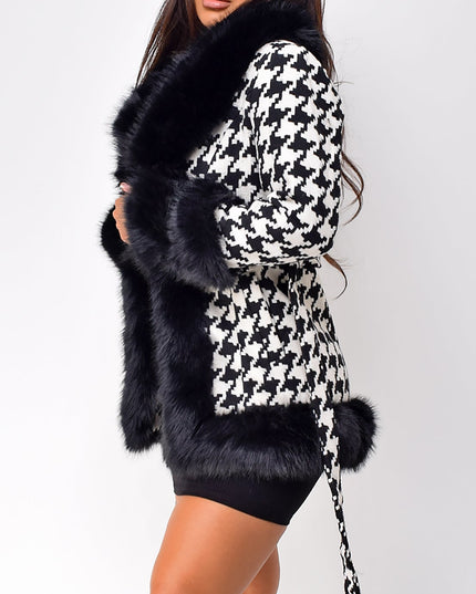 Black Houndstooth Faux Fur Coat
