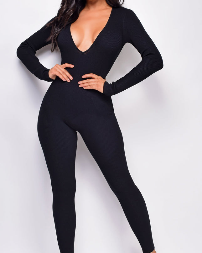 Black V Plunge Neck Jumpsuit