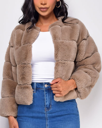Taupe Brown White Faux Fur Coat