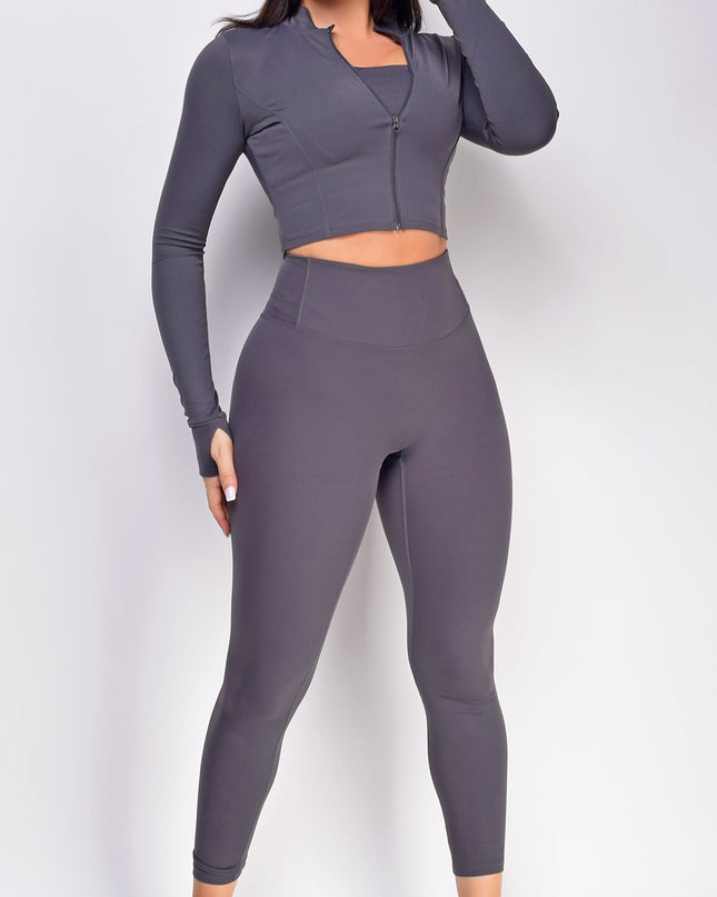 Gray Jacket Legging Bra 3 Piece Active Set