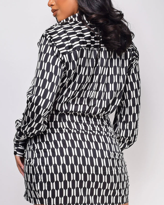 Black White Geo Print Long Sleeve Satin Mini Dress