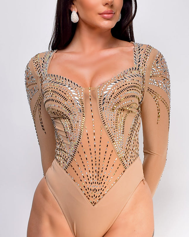 Beige Dalia Rhinestone Bodysuit