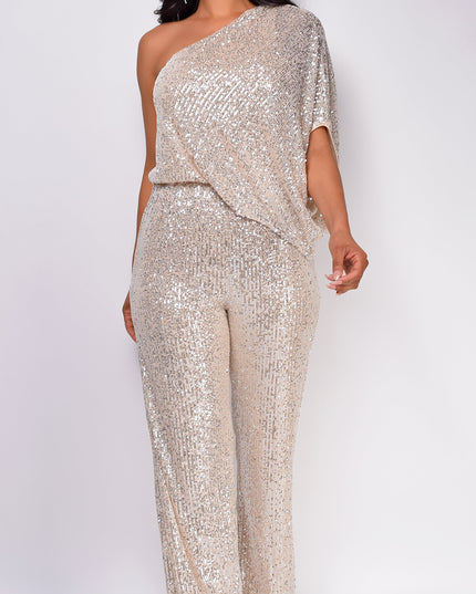 Champagne Gold One Sleeve Sequin Jumpsuit