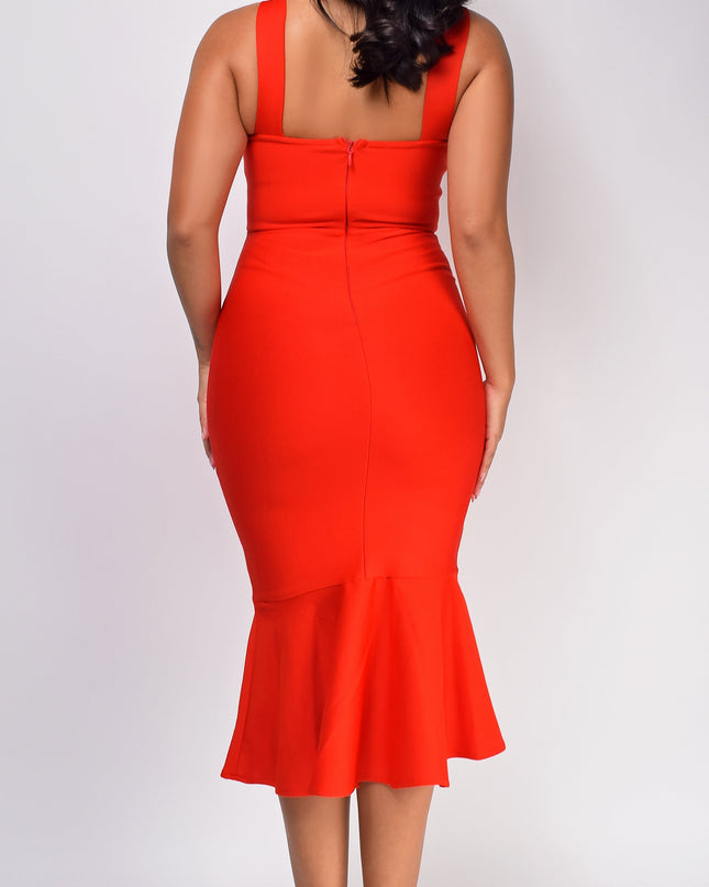 Red Fluted Bandage Midi Dress