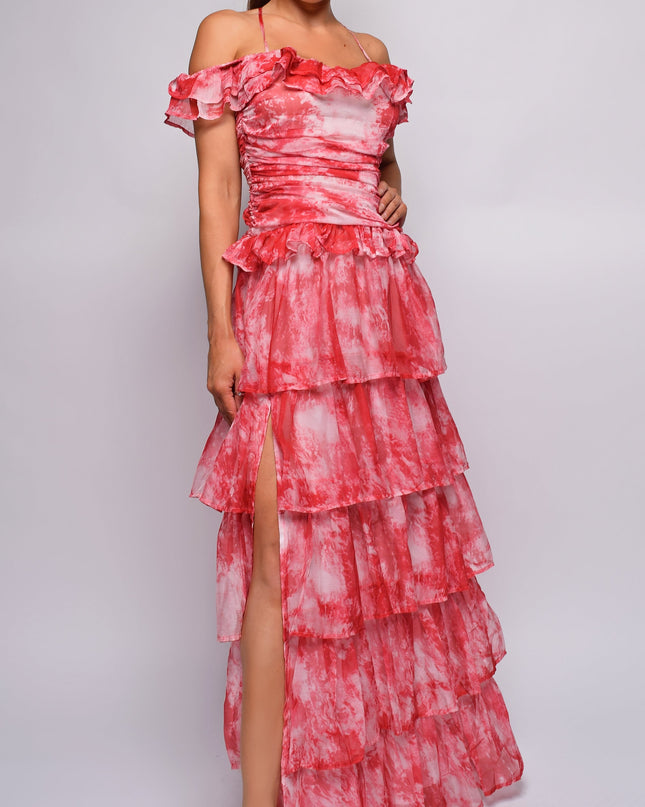 Red Tie Dye Ruffle Side Slit Maxi Dress