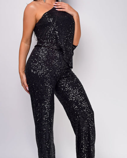 Black One Sleeve Sequin Jumpsuit