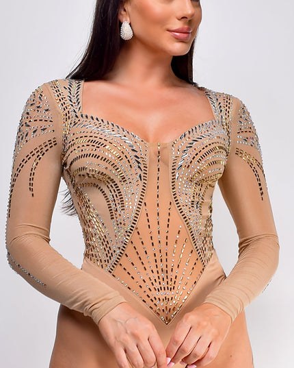 Beige Dalia Rhinestone Bodysuit