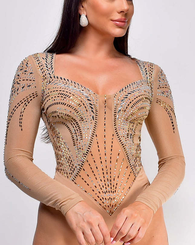 Beige Dalia Rhinestone Bodysuit