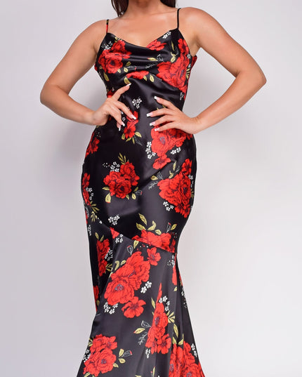 Black Red Floral Print Satin Cowl Neck Maxi Dress
