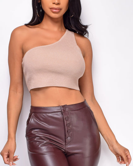 Beige One Shoulder Knit Top
