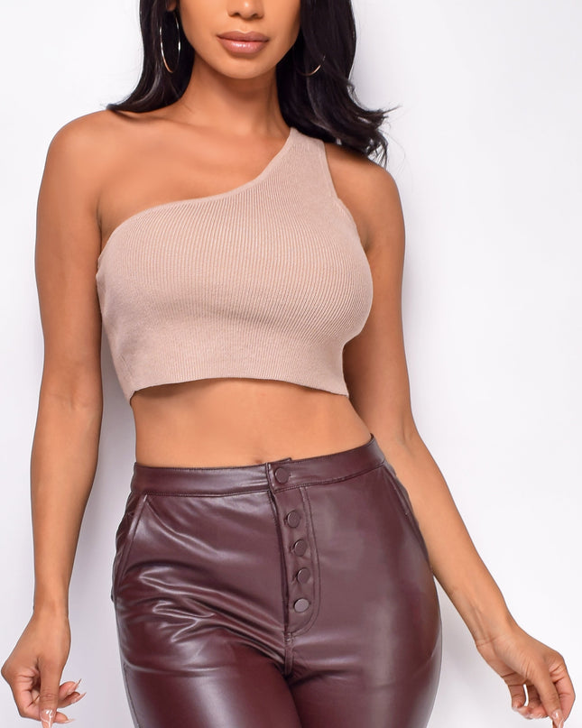 Beige One Shoulder Knit Top