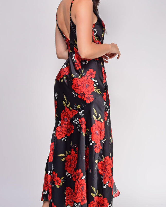 Black Red Floral Print Satin Cowl Neck Maxi Dress