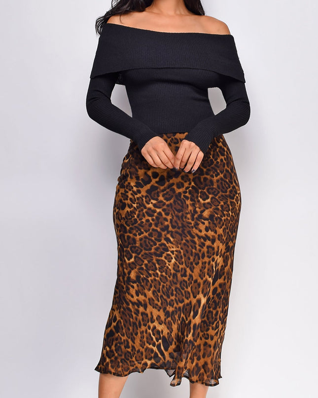 Brown Leopard Print Midi Skirt