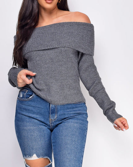 Charcoal Gray Off Shoulder Sweater Top