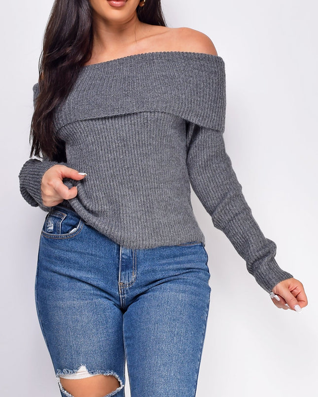 Charcoal Gray Off Shoulder Sweater Top