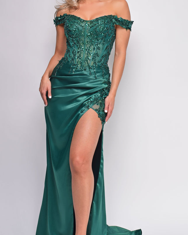 Green Lace Embellished Satin Gown