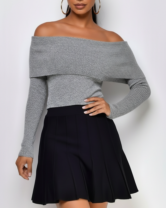 Gray Off Shoulder Sweater Top