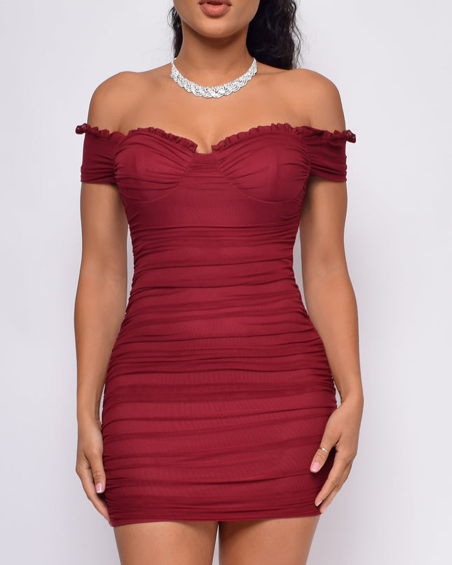 Wine Red Off Shoulder Ruched Dress