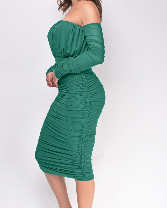 Green Mesh Long Sleeve Ruched Midi Dress
