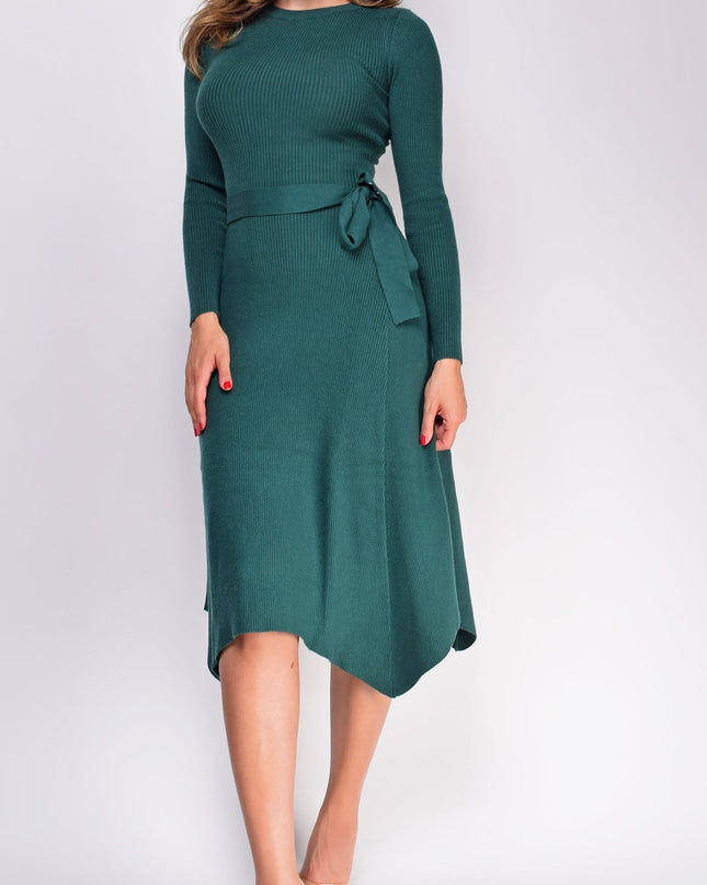 Green Ribbed Flare Sweater Midi Dress